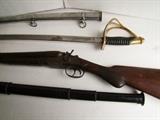 Early Dbl Barrel Shotgun, 70s Rein-actors US Calvary Sword, 1890s Brass French 5 draw Telescope