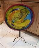 80s Large Art Glass Disc on Custom Stand from Glass Studio - unsigned