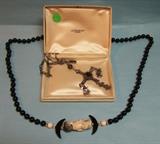 20s Mexican Sterling Cross on Chain with Cabochon Onyx ~ Asian Onyx 8mm Bead set with Signed Ivory Netsuke figure.