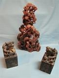20s Lg Carved Russet Colored Soapstone Carving of Monkeys & Birds in a Fruit Tree ~ Pr of Carved Soapstone Foo Dog Bookends