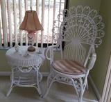 White Wicker Peacock Chair $75, Round table $75, lamp is bristol! 