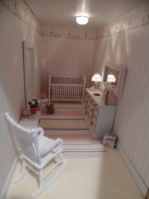 Doll house baby's room with elec light