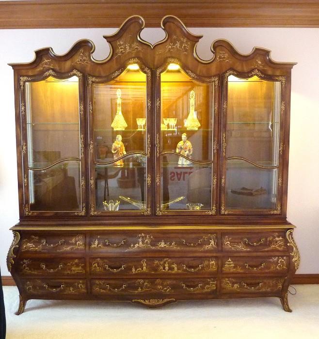Gorgeous Hand Painted Chinoiserie Cabinet with lighted interior. Look at those lines. In perfect condition!