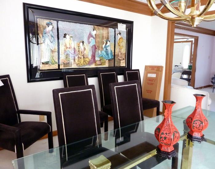 Signed original Geisha Triptych, 8 Dining room chairs in Brown velvet. Pair of Cinnabar vases.
