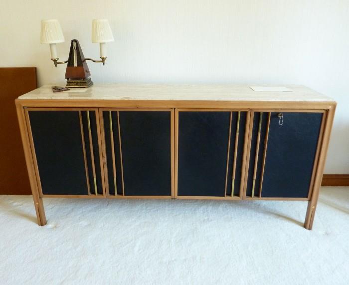 Mid Century Console with Marble top. Interior has shelves. Metronome lamp