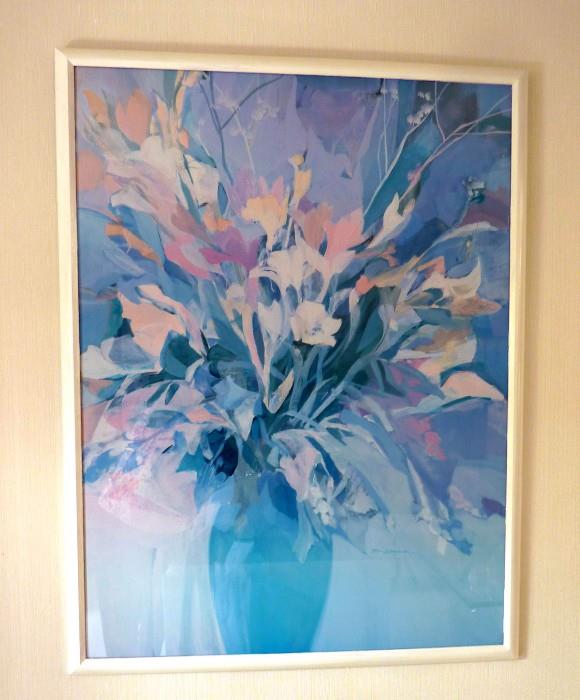 Large Blue and Pink Floral Print in white frame