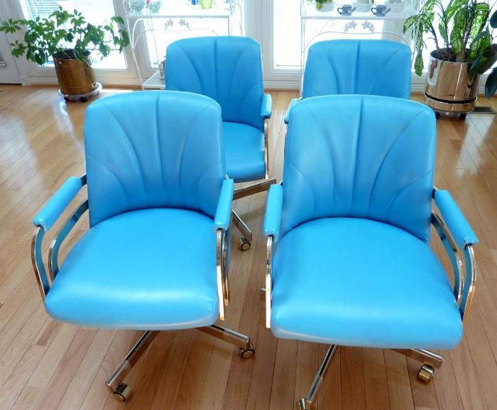 4 Robin Egg Blue and Gold Metal Arm Chairs on Wheels -- Swivel