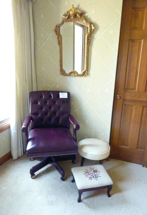 Office Chair, Gilded mirror, Needlepoint Footstool, Small Stool that resembles a Baseball on top with stitching