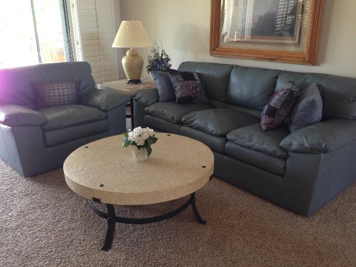 Blue Navy Leather Sofa and Chair, Coffee Table