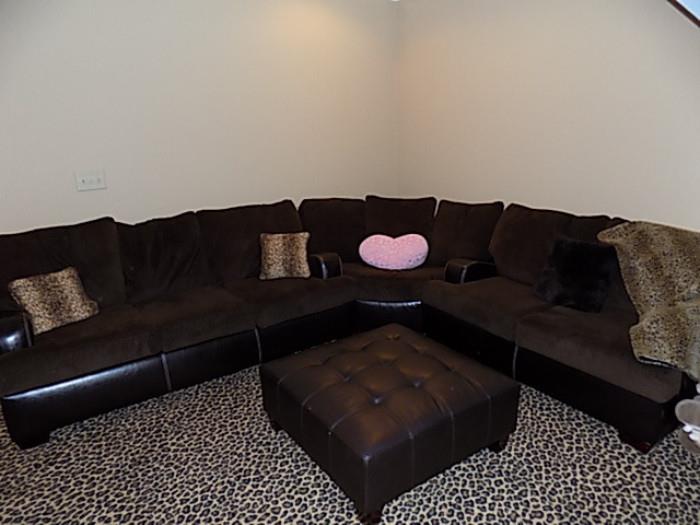 Fantastic Leather and  Cloth sectional !  and Leather Ottoman ! 