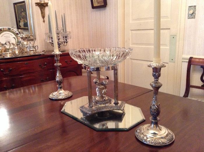 Silver plate console centerpiece with silver plate candle sticks