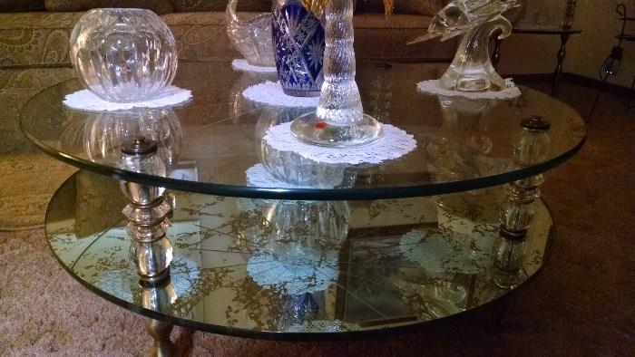 **HOLLYWOOD STYLE*** MID-CENTURY GLASS /MIRROR  2 TIER COFFEE TABLE..WITH GOLD 