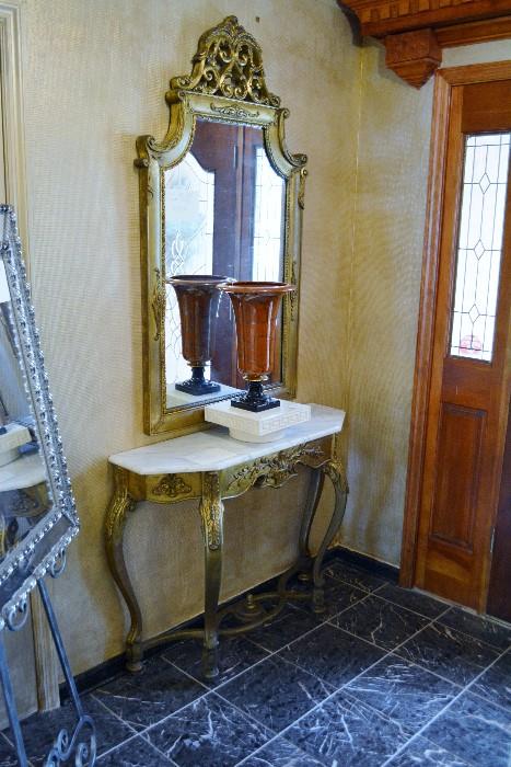 Gold gilt Italian marble top foyer table with ornate mirror