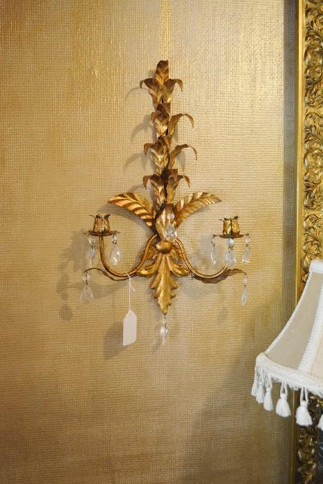 pr of Italian tole sconces with prisms