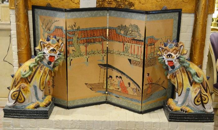 Italian faience foo dogs or lions with Japanese screen
