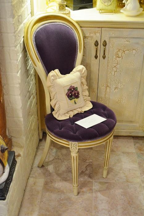 purple velveteen French Provincial boudoir chair with needlepoint pillow
