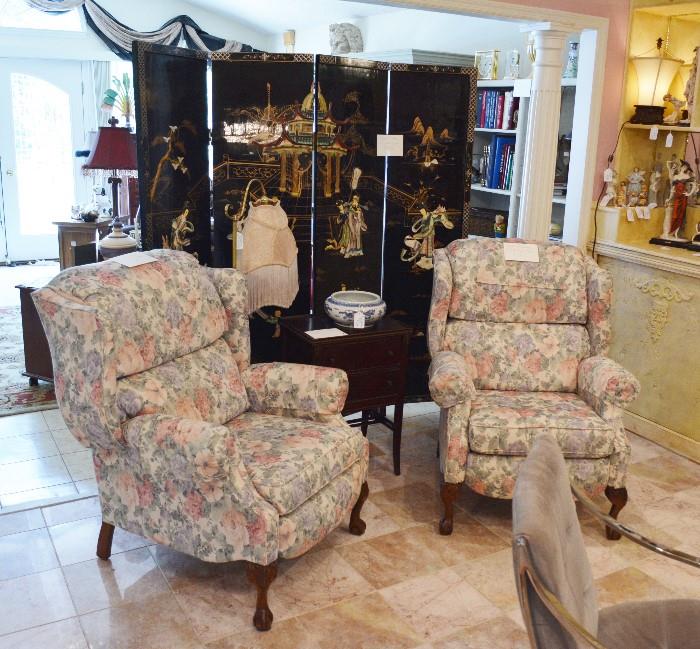 nice and comfy pair of upholstered wingback recliners (priced each)