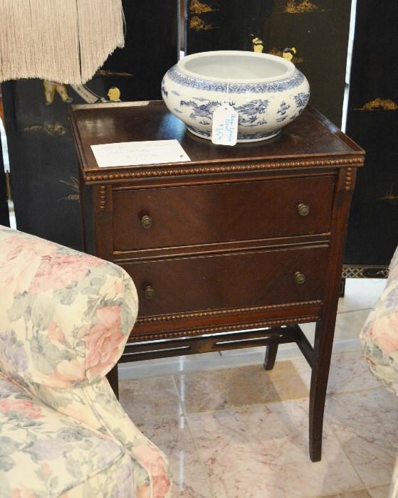antique mahogany 2 drawer side table, Asian dragon bowl
