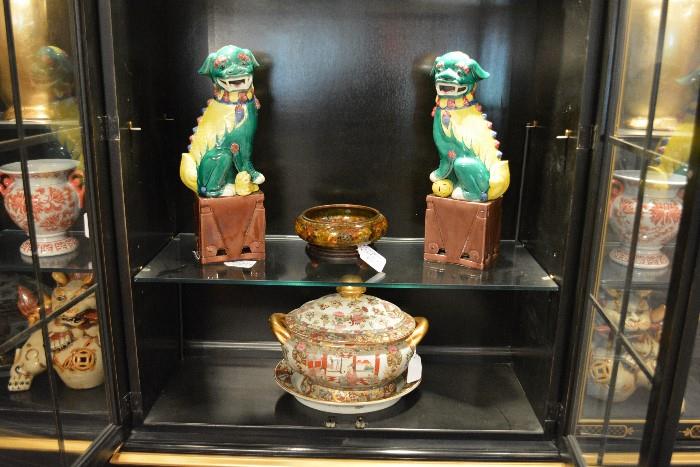 vintage Chinese foo dogs, cloisonné bowl, Asian tureen with underplate