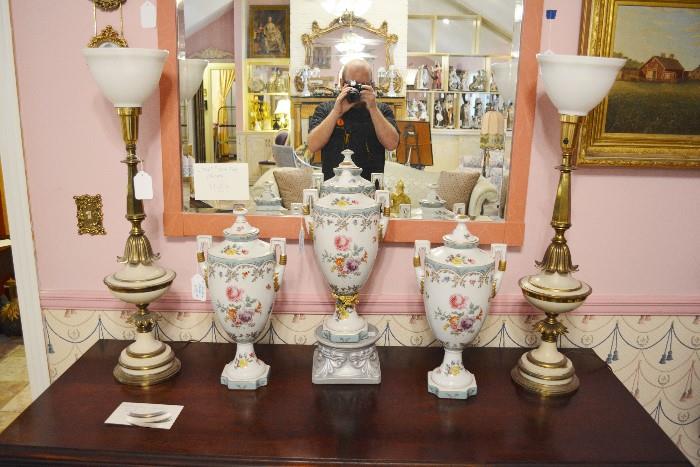 heavy pair of metal lamps with milk glass shades and set of European style urns