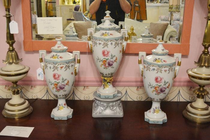 set of European style floral urns with lids