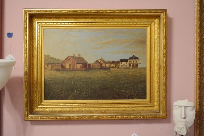 Antique original oil on canvas of farm house