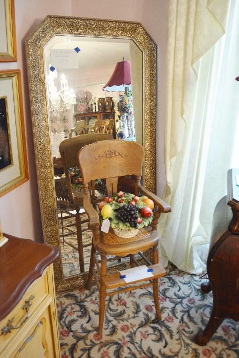 Floor Length Gold Mirror, Antique High Chair w/Caned Seat, Fruit Centerpiece