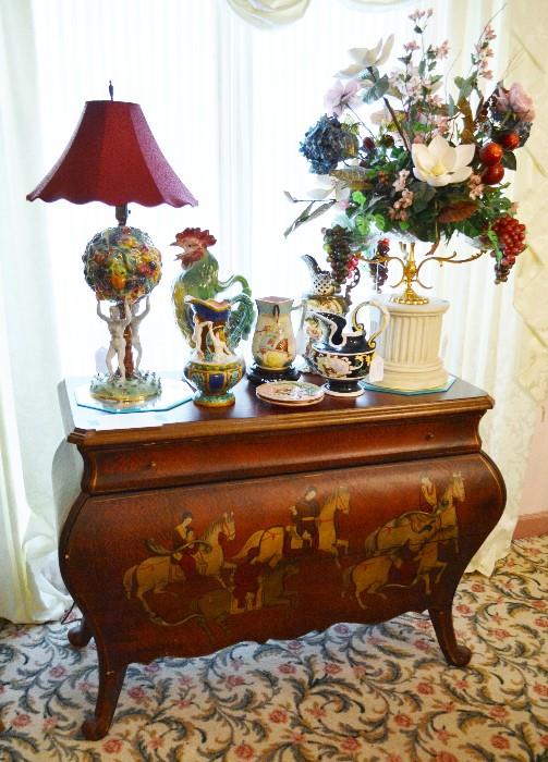 Contemporary Asian Style Bombe Chest w/Majolica, Capodimonte, and a Fancy Epergne
