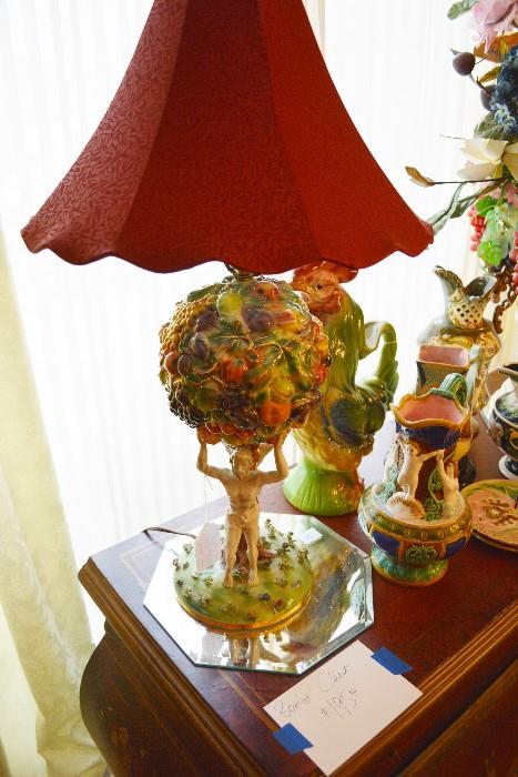 Awesome Rare Capodimonte Figural Lamp of Gods Holding up Fruit Tree