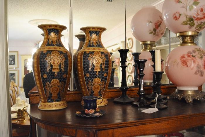 Pr. Decorative Asian Vases, Black Amethyst Candlesticks