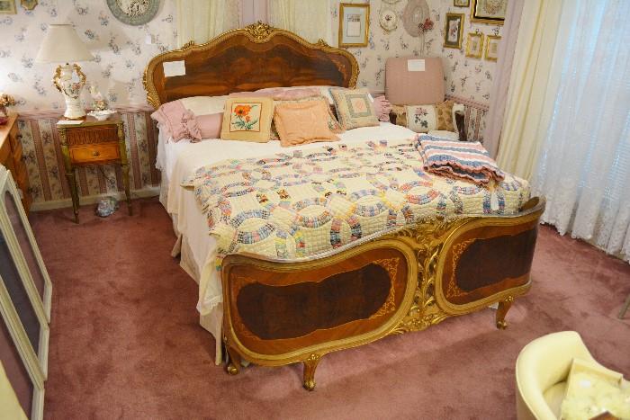 Wonderful Antique Burled Wood French Bed w/Gold Gilt Trim