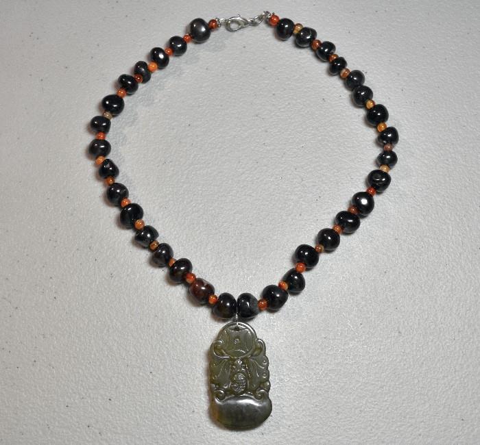 Unusual Vintage Carved Jade Pendant on Natural Stone Bead Necklace