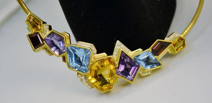 Very Unique Custom Made HEAVY 14K Statement Necklace w/Diamonds, Amethyst, Blue Topaz, and Citrine