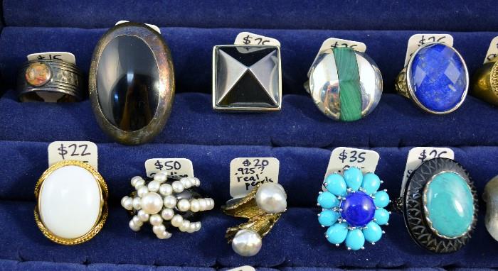Huge Sterling Silver Rings w/a Variety of Colorful Stones/Pearls