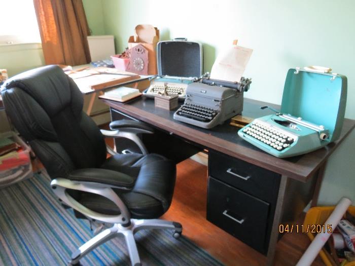 metal desk and desk chair, Royal touch control typewriter, Smith Corona Corsair deluxe typewriter, Smith Corona Galaxie typewriter