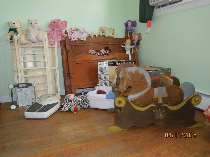 assortment of toys, vintage baby crib, vintage twin headland footboards