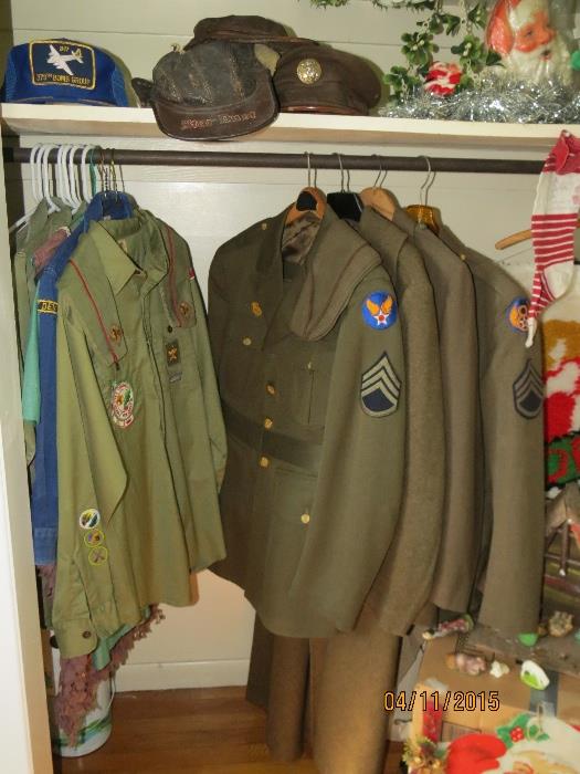 WW II Air Force uniforms in good condition, Air Force wool overcoat, 1960's Scout uniforms