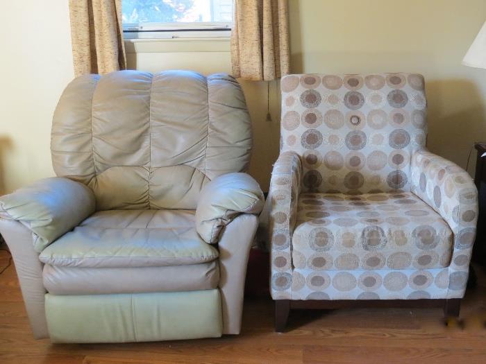 vinyl recliner and cloth arm chair, both very comfortable