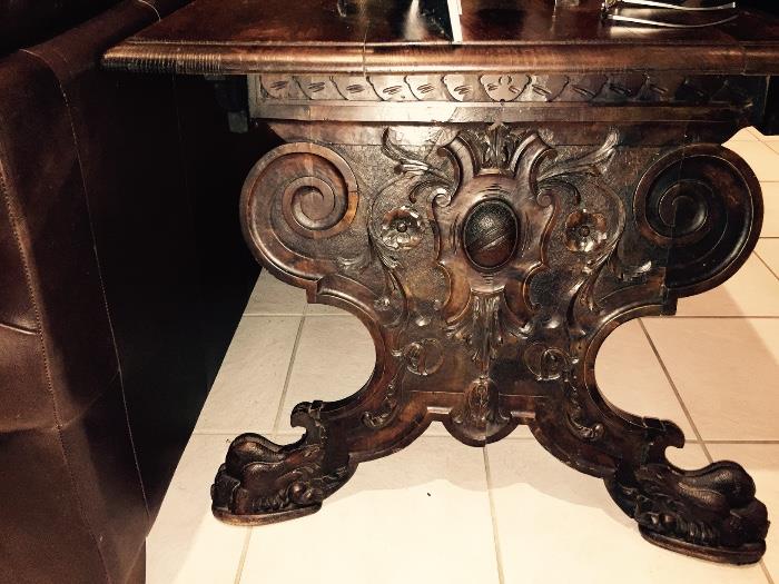 Antique Carved Wood Library Table
