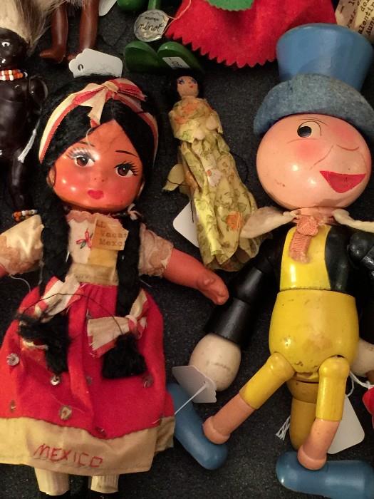 Disney Antique Wooden Jiminy Cricket Doll & Antique Mexican Doll.