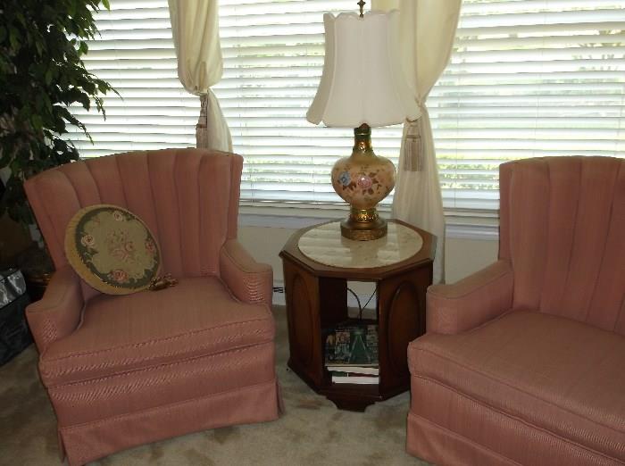 Pair of club chairs and marble octagon side table