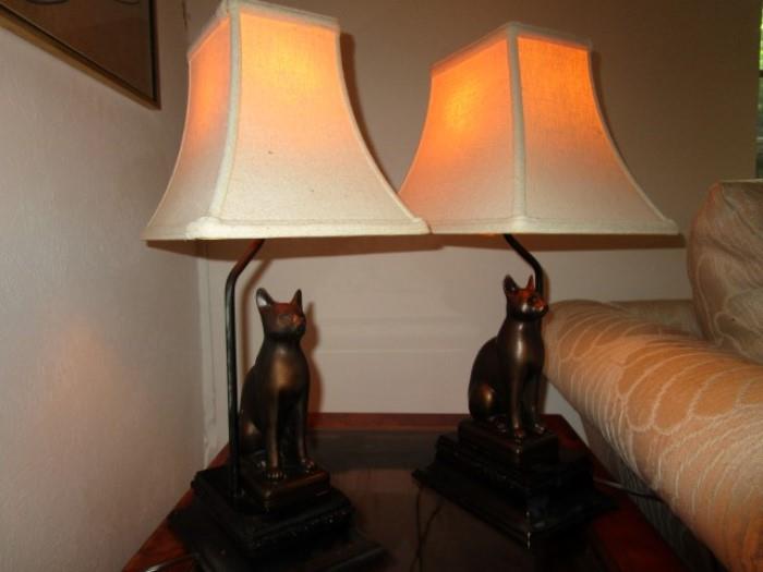 PAIR BRONZE CAT LAMPS