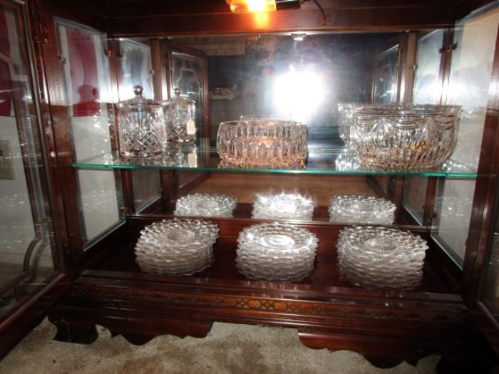 FOSTORIA PLATES AND CRYSTAL BOWLS AND CANDY JAR