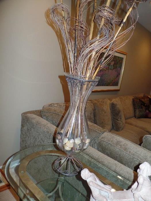 1 of 2 tall glass & iron vase
