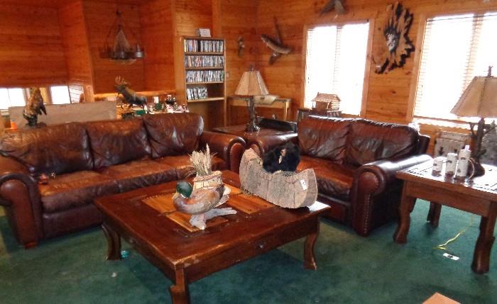 Legacy Two Tone Brown Leather Couch, Love Seat. Beautiful Heavy wood with iron accents coffee table & end tables.