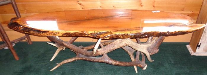 Wood Slab table with Elk Horn base - Custom Made