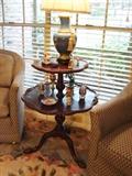 Two tier butler's table, egg and miniature box collection, closoinne lamp
