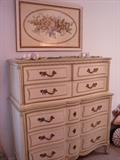 French Provencal chest on chest is part of a complete set of Henredon bedroom furniture