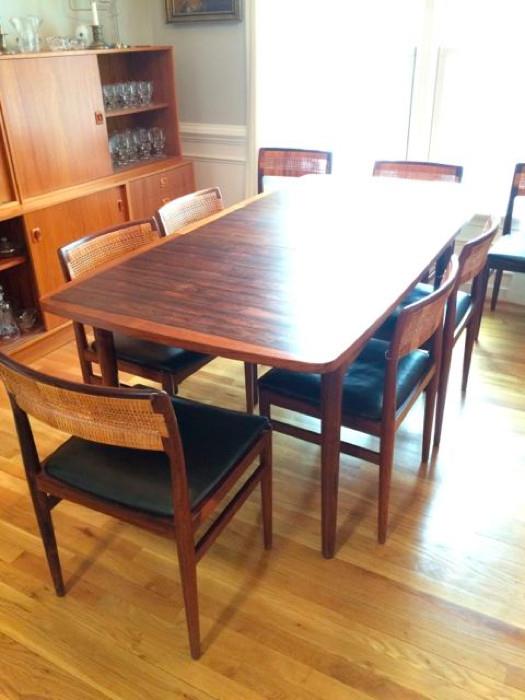 Vintage Danish modern dining table and cane back chairs