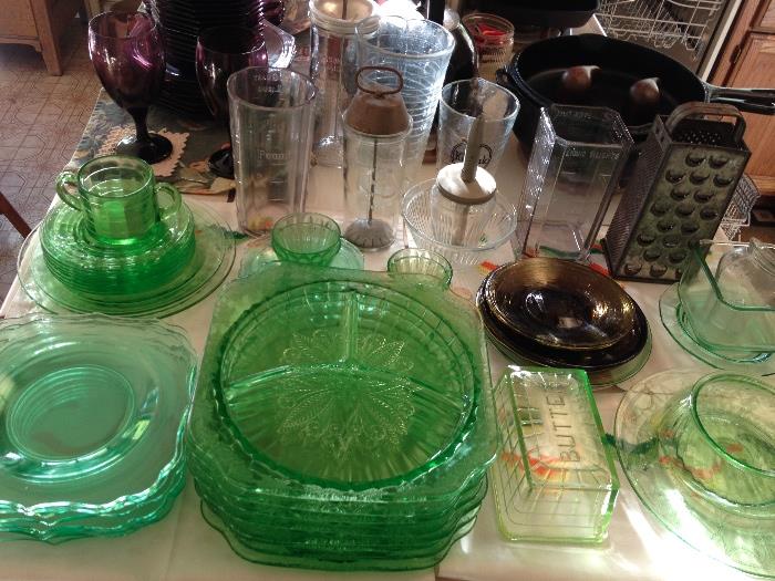 AND AMAZING AMOUNT OF DEPRESSION GLASS IN MANY COLORS! BLACK, GREEN, PURPLE, WHITE MILK GLASS, PINK, RED. Including Green & Pink Florentine Patterns